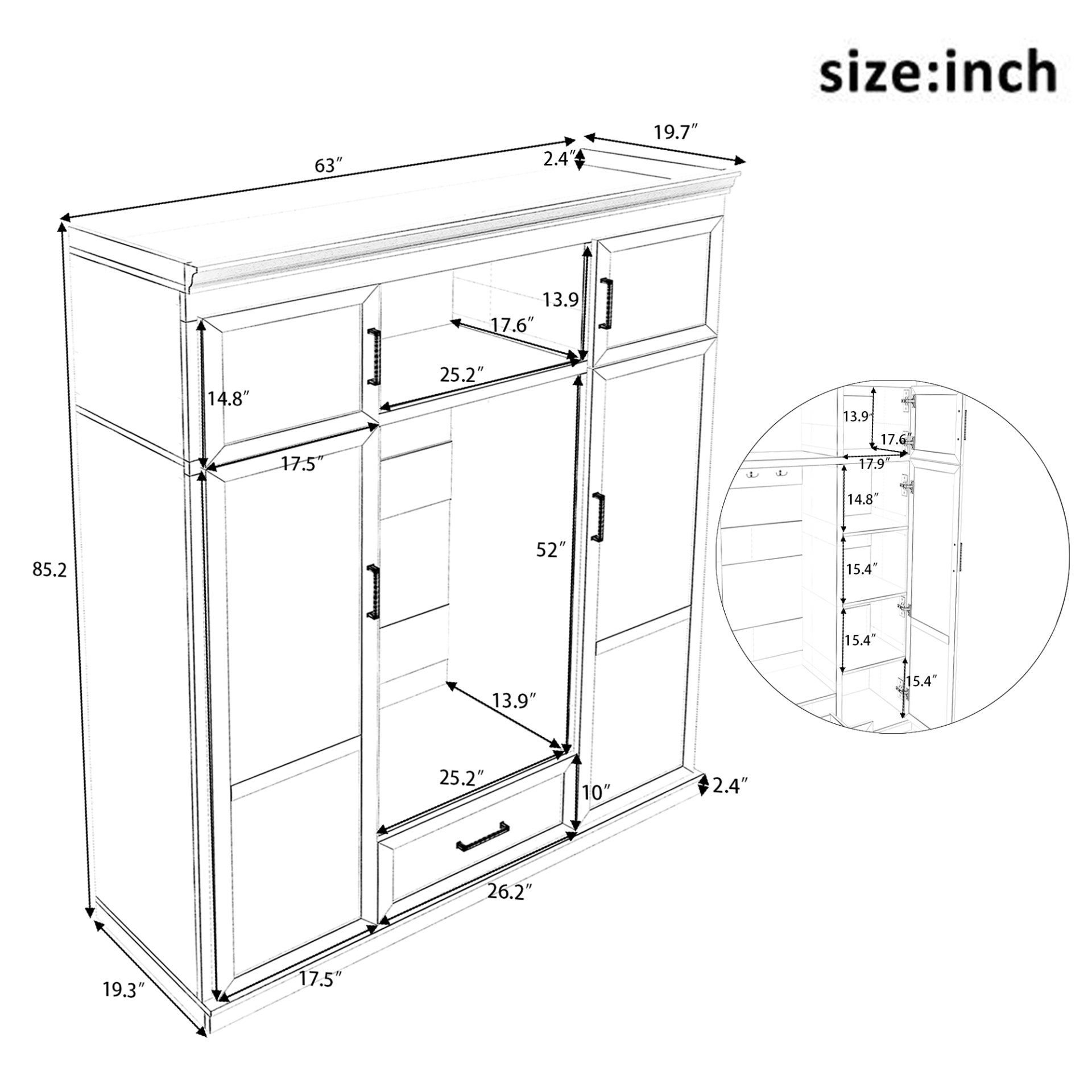 Hall Tree With Bench And 3 Hooks, Modern Entryway Storage Organizer Cabinet With 4 Doors, 1 Drawer And Adjustable Shelves For Hallway, Entryway, Living Room - Black - Image 3