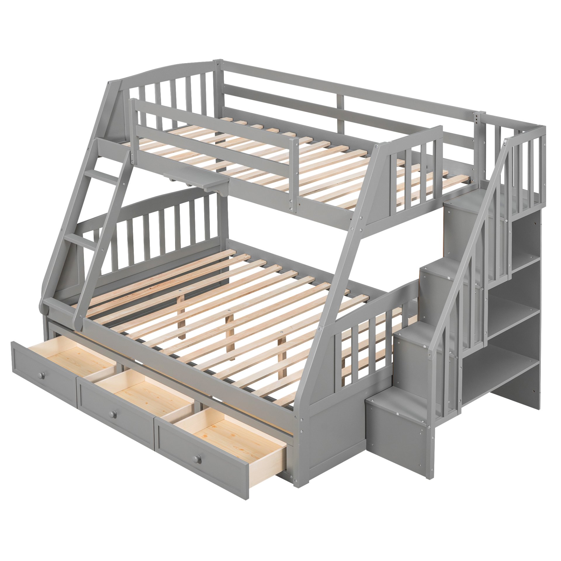 Twin Over Full Bunk Bed With Drawers, Ladder And Storage Staircase - Gray - Image 6