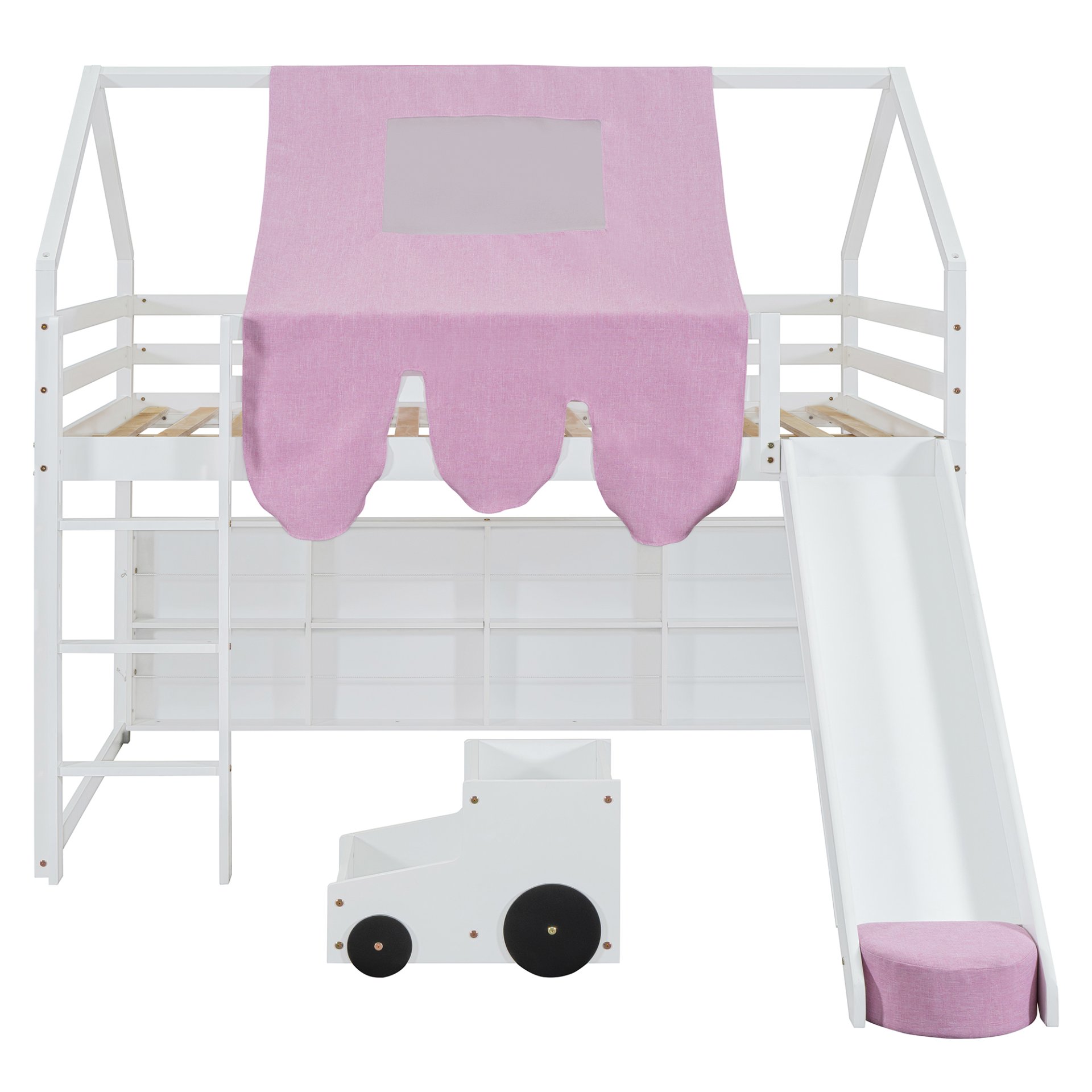 Full Size Loft Bed With House Shaped Frame And Tent - White / Pink - Image 5