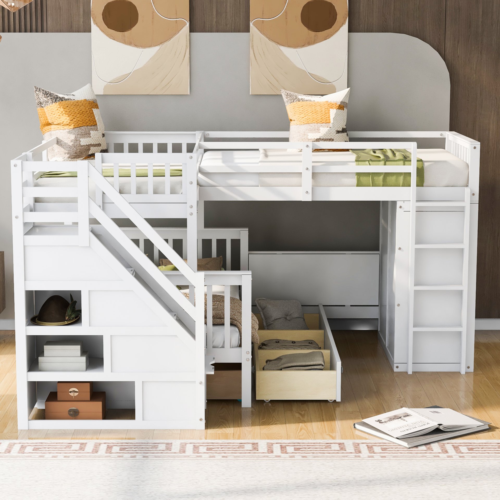 Twin Twin Over Full L Shaped Bunk Bed With 3 Drawers, Portable Desk And Wardrobe - White - Image 2