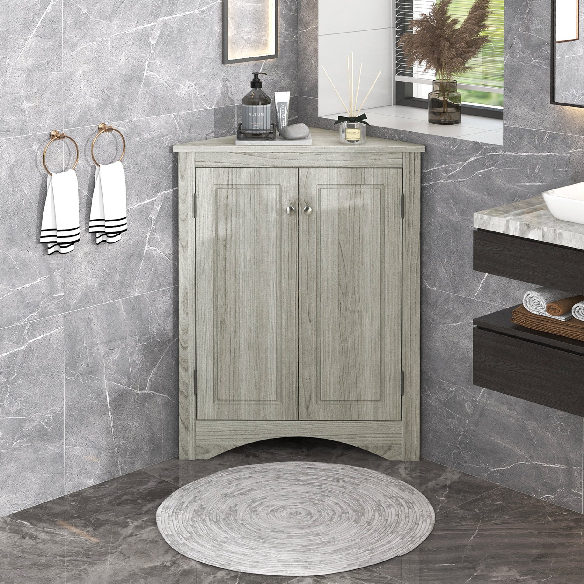 Triangle Bathroom Storage Cabinet With Adjustable Shelves, Freestanding Floor Cabinet For Home Kitchen - Oak - Image 2