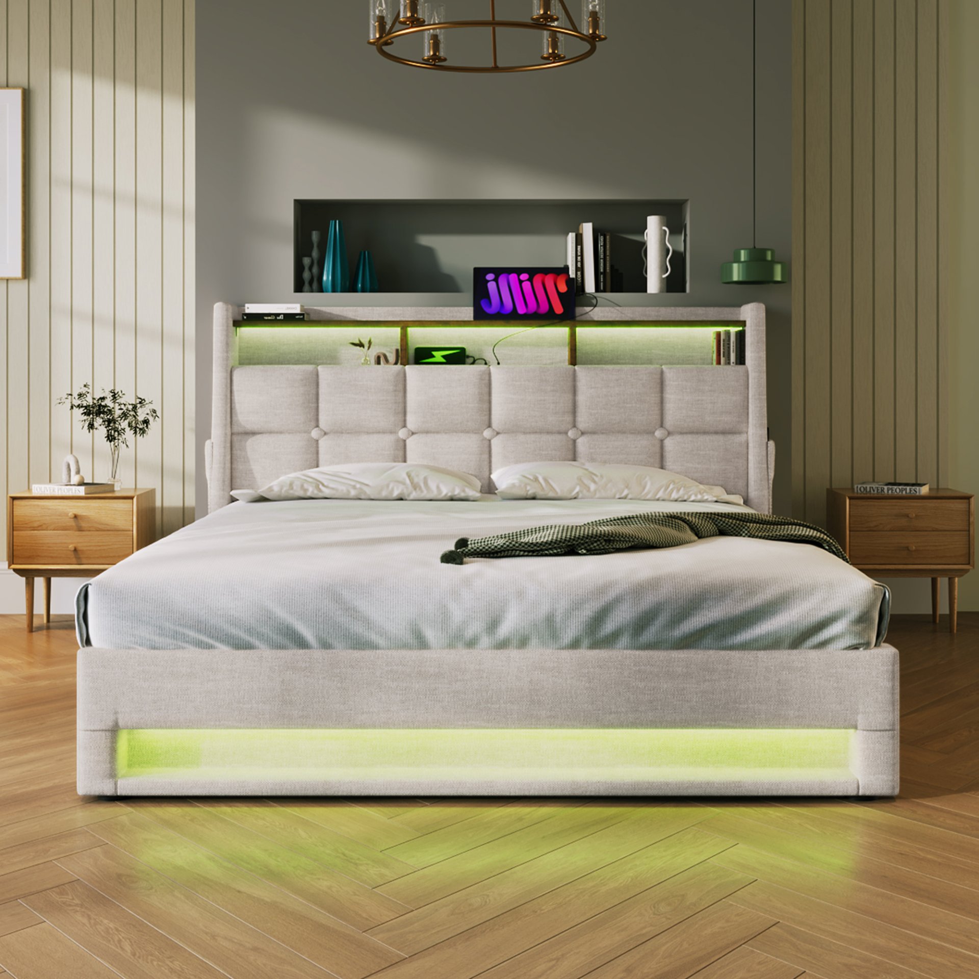 Full Size Upholstered Platform Bed With A Hydraulic Storage System, LED And USB Charging (Without Mattress) - Natural - Image 4
