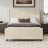 King Size Upholstered Bed Frame With Vertical Stripe Wingback And High Footboard - Cream - Image 4
