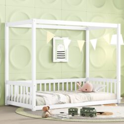 Twin Size Canopy Frame Floor Bed With Fence, Guardrails - White