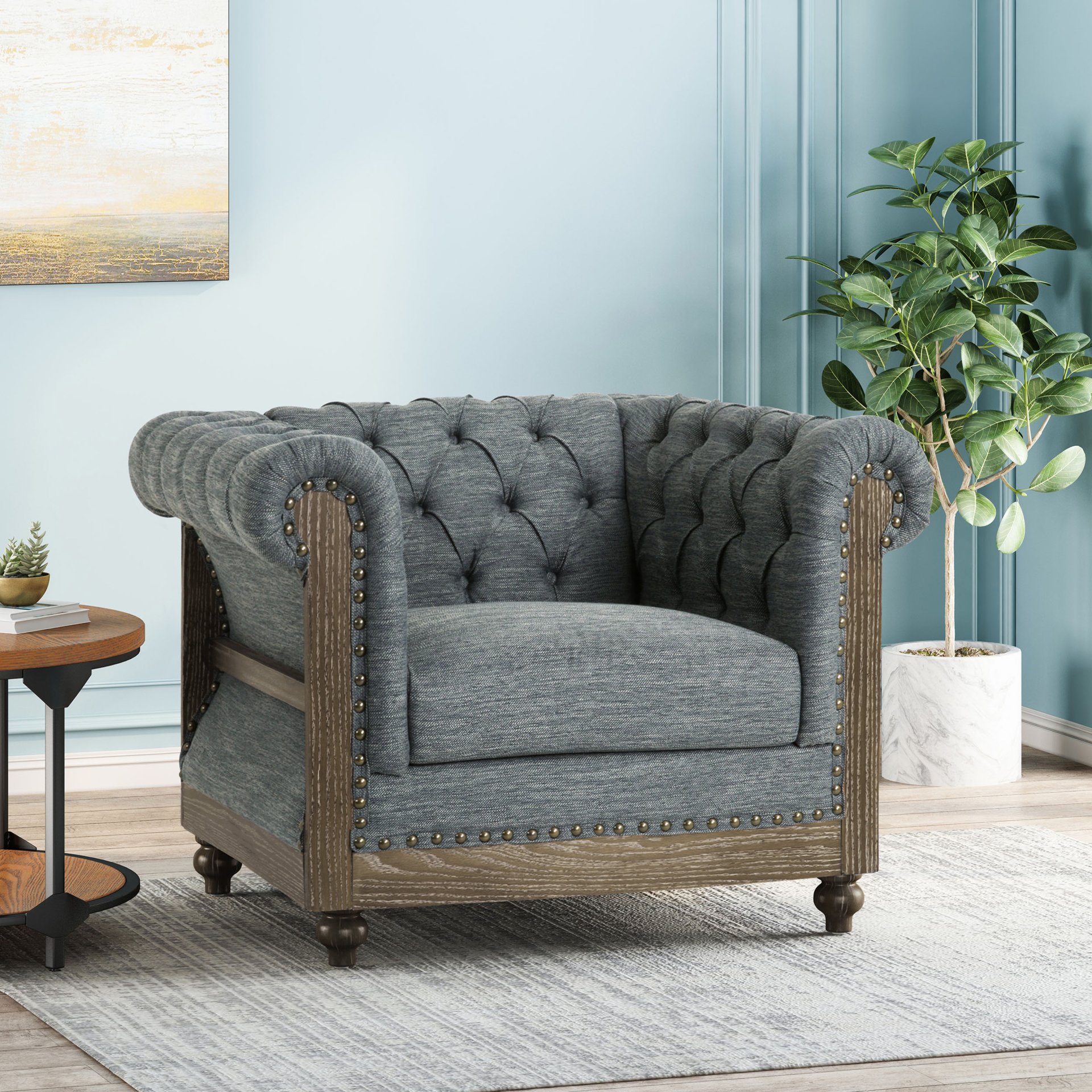 Fabric Upholstered Club Chair With Scrolled Tuxedo Arms - Charcoal - Image 2