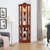Corner Curio Cabinet With Lights, Adjustable Tempered Glass Shelves, Mirrored Back, Display Cabinet (E26 Light Bulb Not Included) - Walnut - Image 19