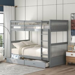 Twin Over Twin Bunk Bed With Ladders And 2 Storage Drawers - Gray