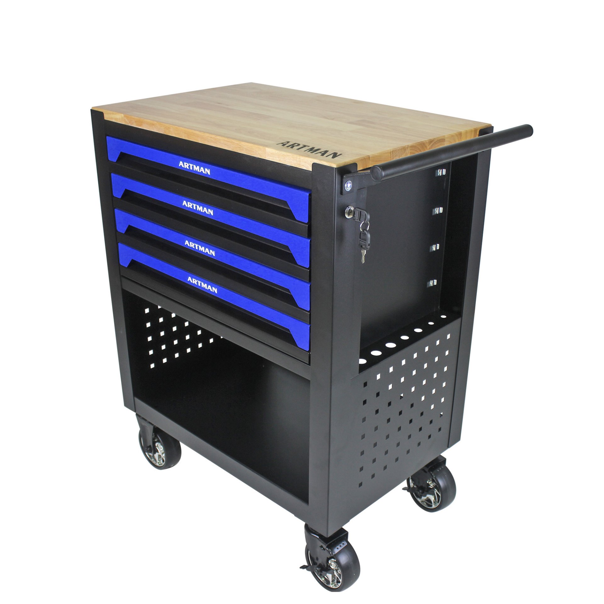 4 Drawers Multifunctional Tool Cart With Wheels And Wooden Top - Black / Blue - Image 8