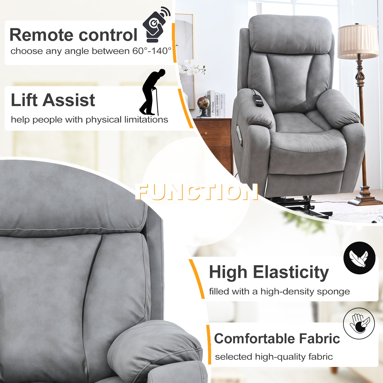 35.4" Electric Power Lift Recliner Chair, Fabric Recliner Chair, Home Theater Seating, Living Room Chair, Side Pocket, Remote Control - Light Gray - Image 9