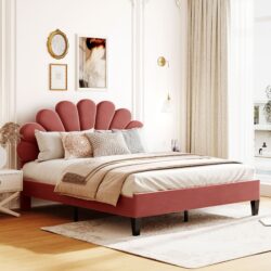 Queen Size Upholstered Platform Bed With Flower Pattern Headboard - Bean Paste Red