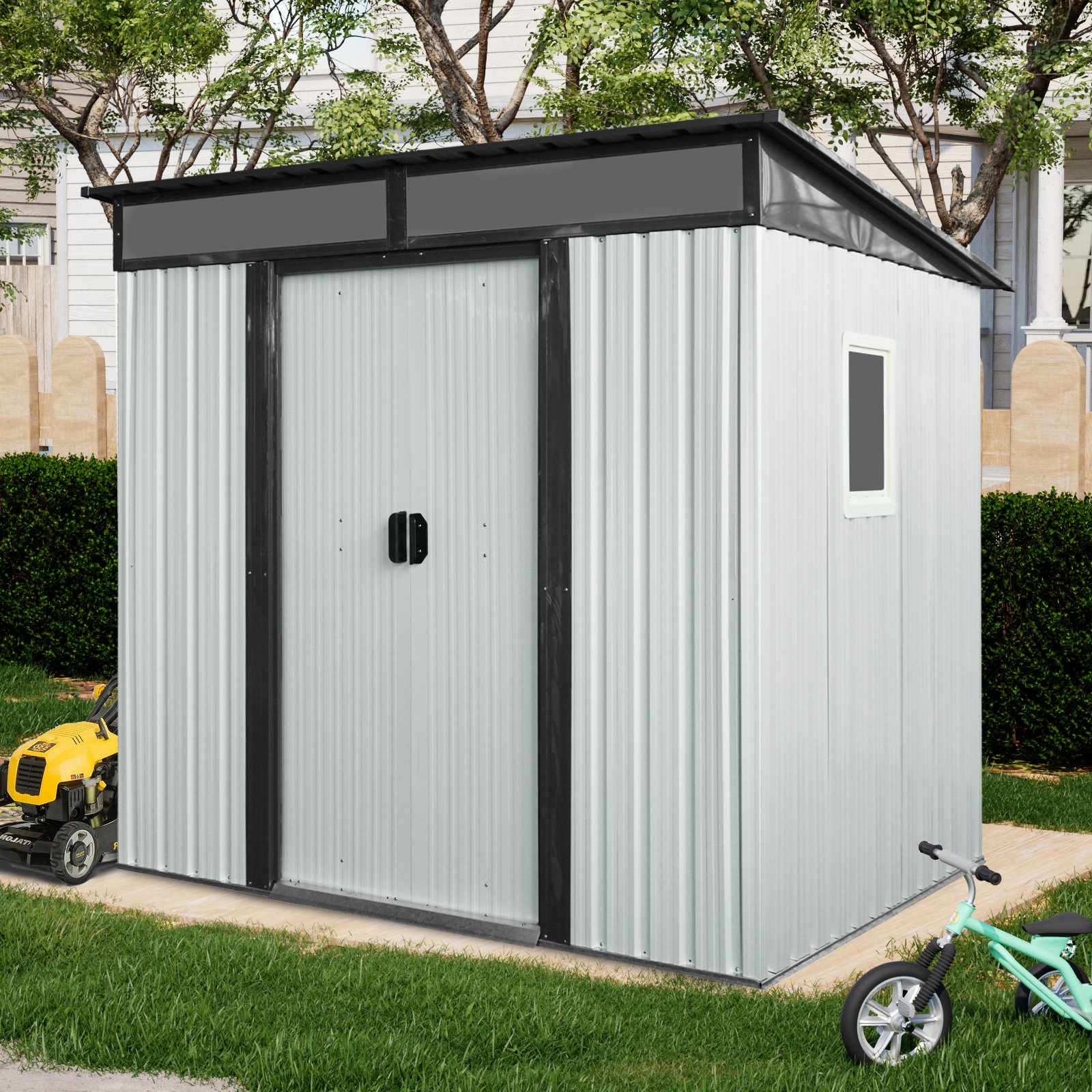 6Ft X 5Ft Outdoor Metal Storage Shed With Window And Transparent Plate For Garden, Lawn - White / Black - Image 3