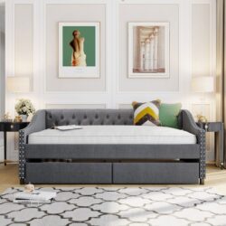 Full Size Upholstered Daybed With Two Drawers, Slat Support - Gray
