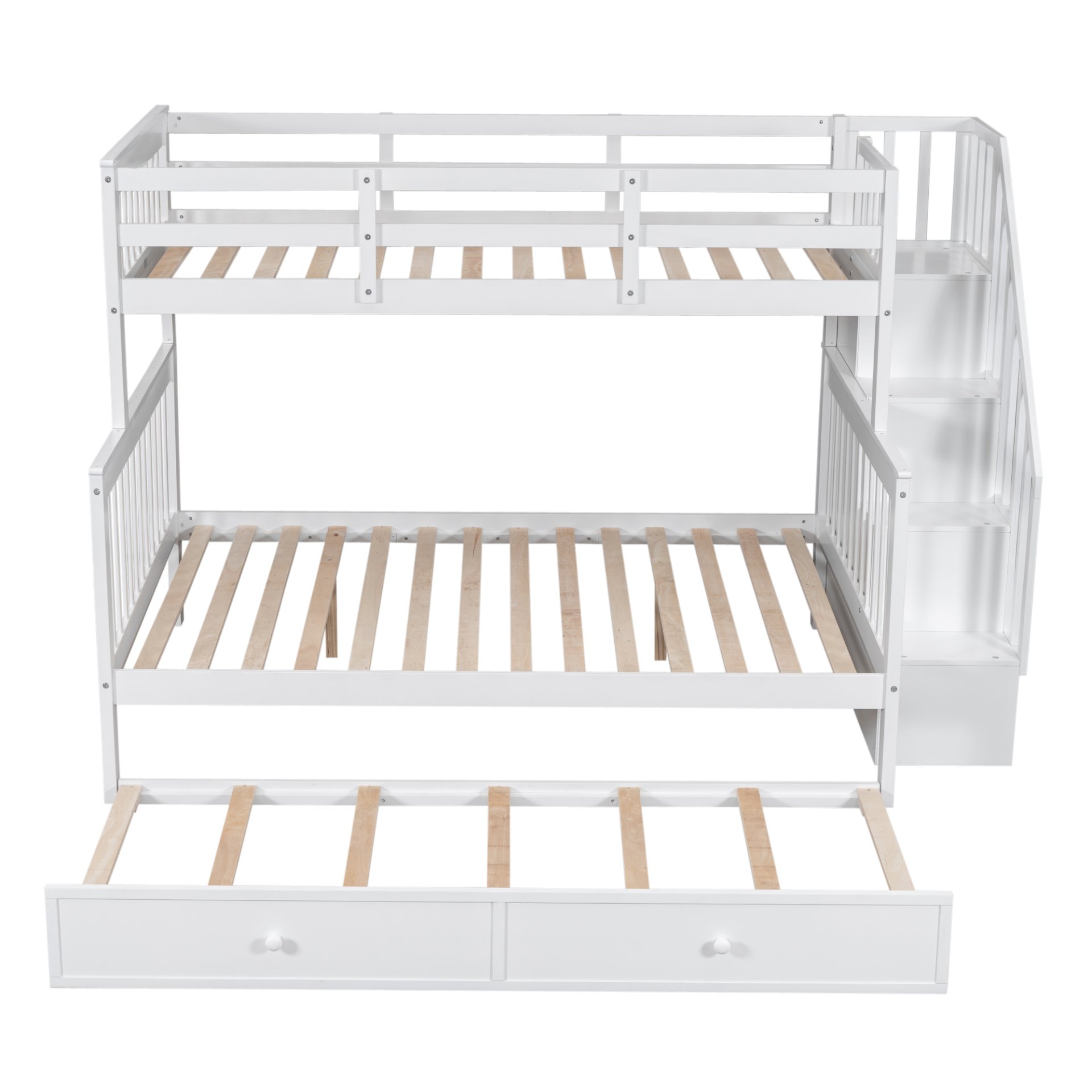 Twin Over Full Bunk Bed With Twin Size Trundle, Storage And Guard Rail For Bedroom - White - Image 11