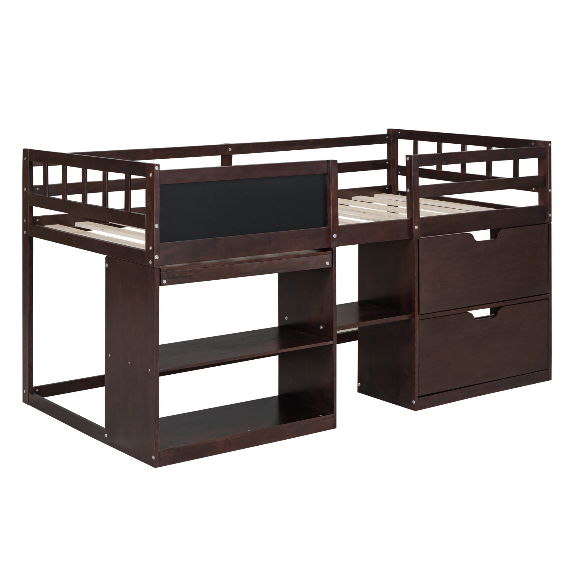 Twin Size Low Loft Bed With Rolling Desk, Shelf And Drawers - Espresso - Image 4