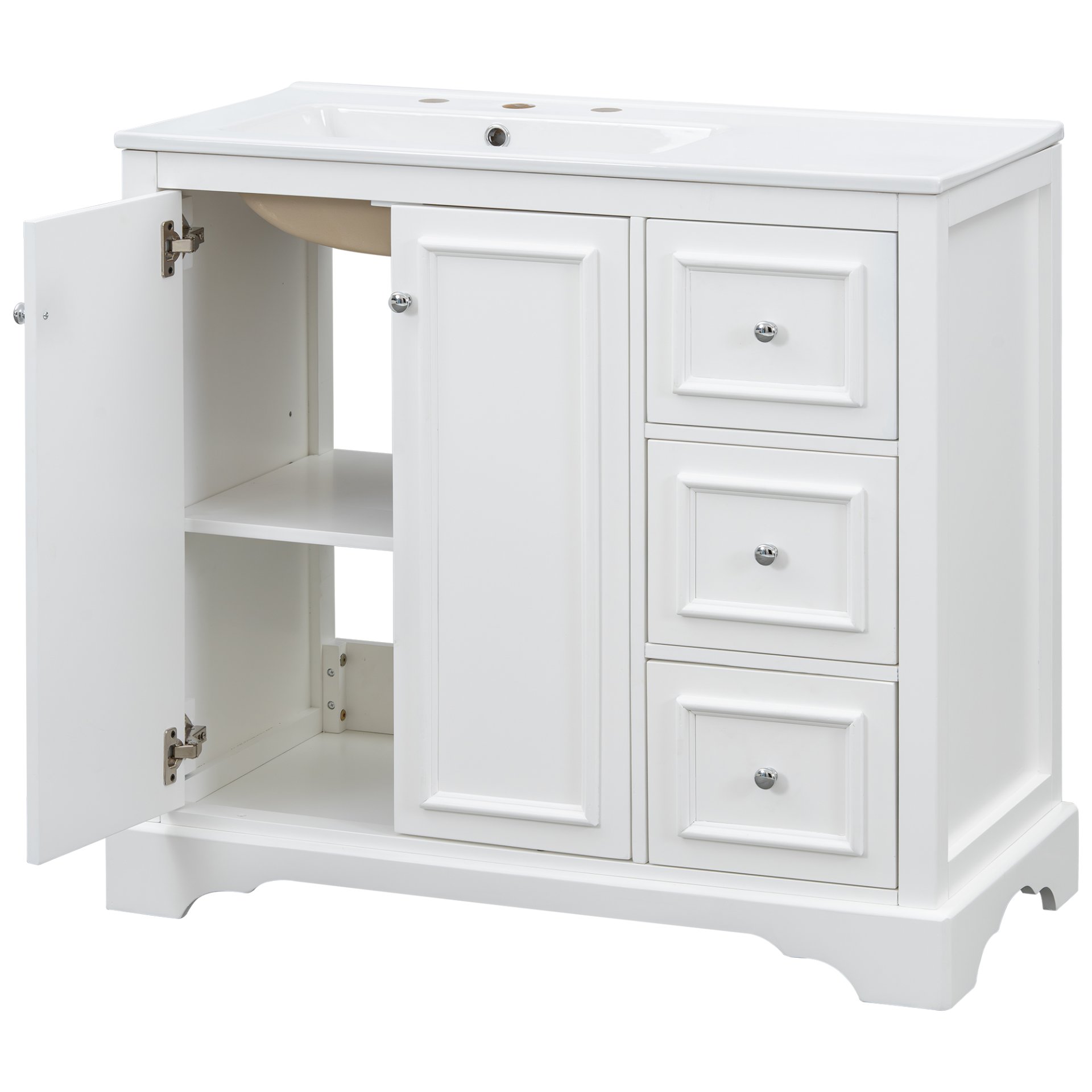36" Transitional Bathroom Vanity With Sink, Soft Close Doors, Adjustable U Shelf, 3 Drawers - White - Image 13