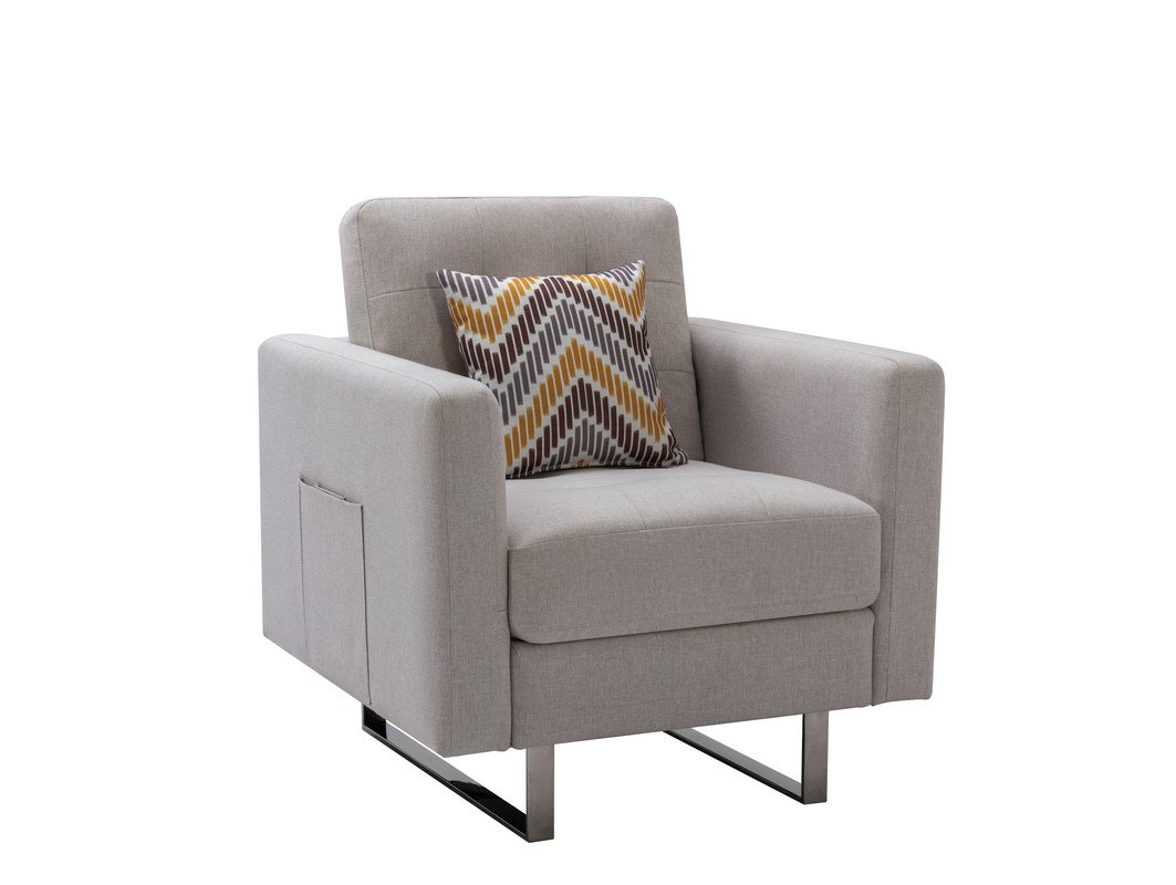 Victoria - Linen Fabric Armchair With Metal Legs, Side Pockets, And Pillow - Beige - Image 2