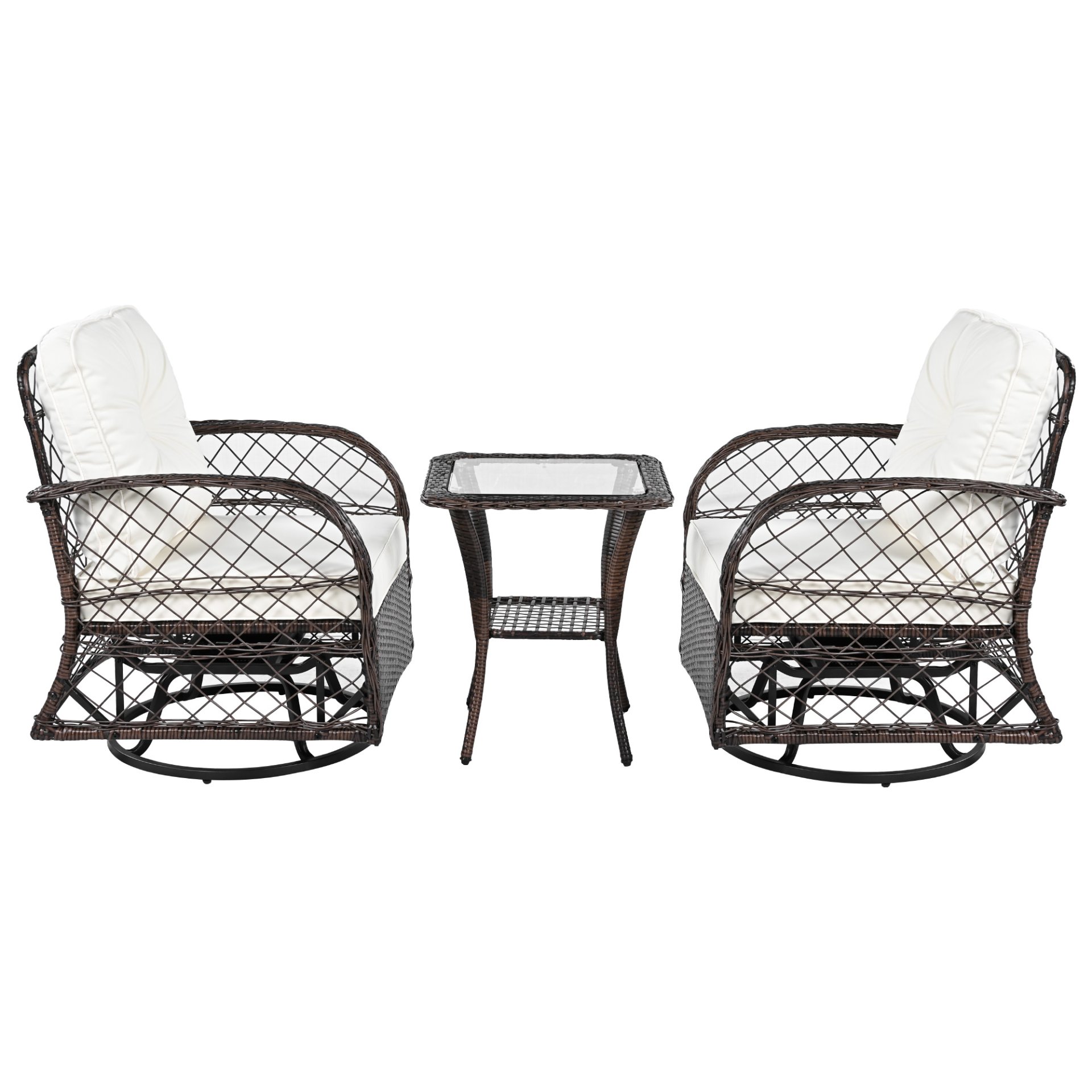 3 Piece Outdoor Chair & Table Set Chat Set 2 Person Rattan Seating Group With 2 Swiveling And Rocking Chairs And A Square Table For Garden, Patio, Or Balcony - Brown - Image 15