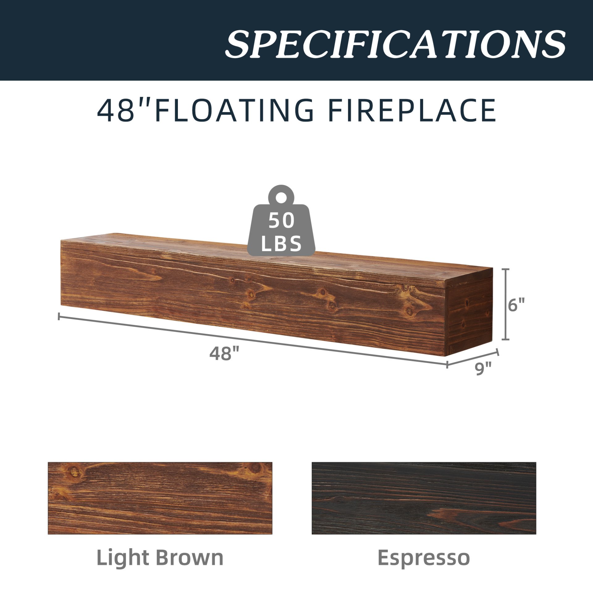 48" Rustic Wood Fireplace Mantel, Wall-Mounted & Floating Shelf For Home Decor - Dark Brown - Image 3