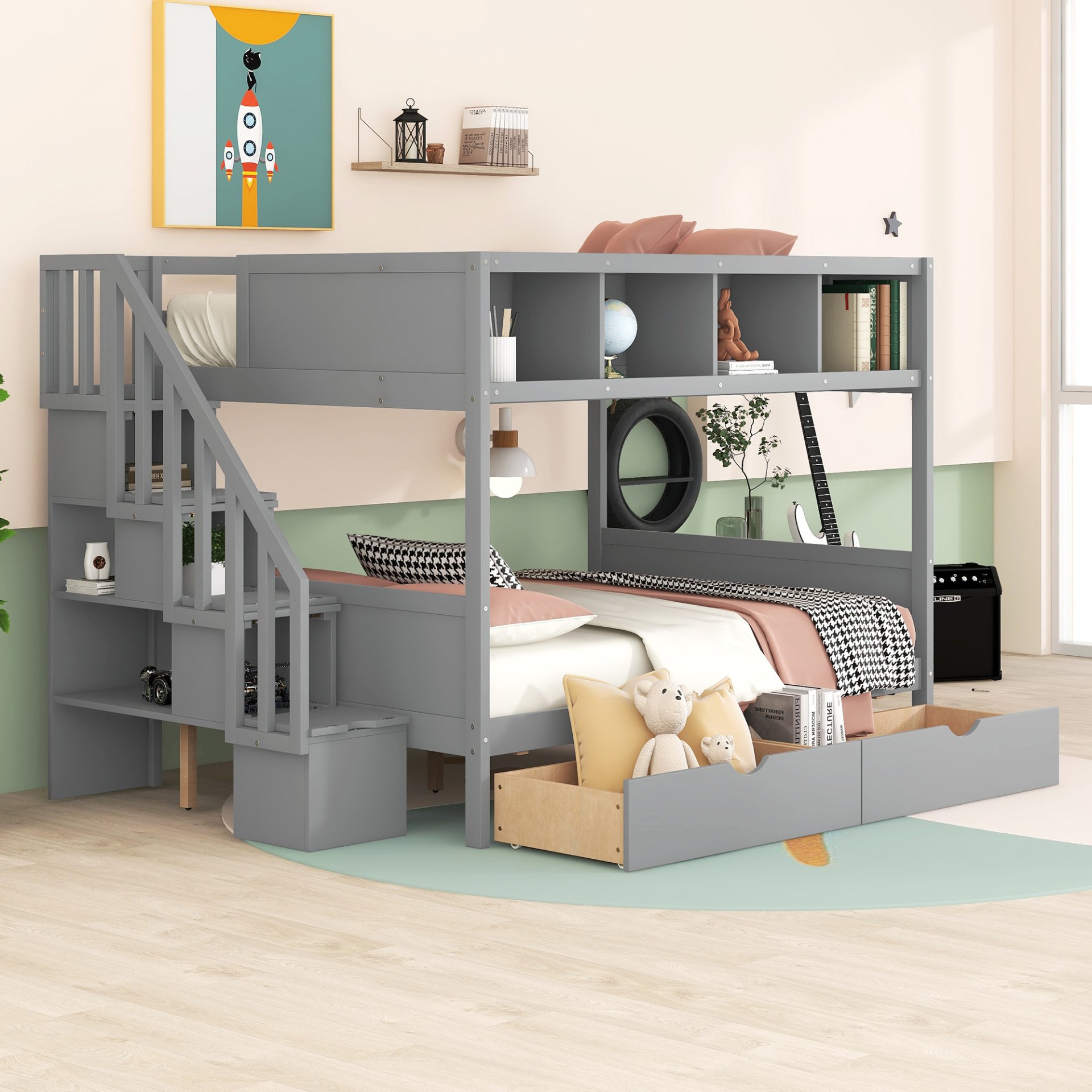 Twin Over Full Bunk Bed With Shelfs, Storage Staircase And 2 Drawers - Gray - Image 3