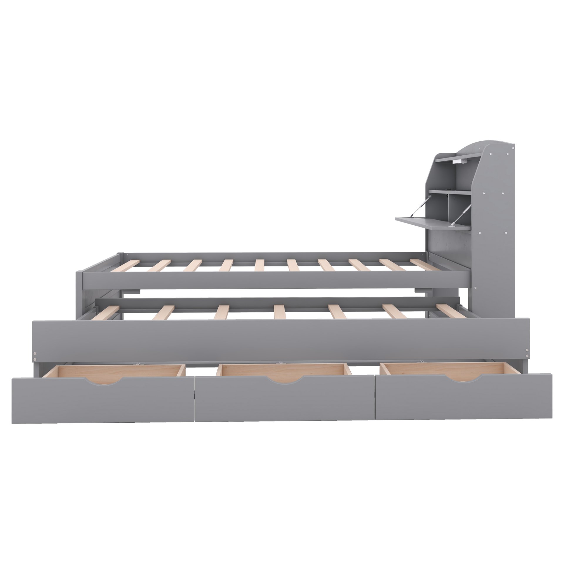 Twin Size LED Platform Bed With Trundle With Storage Headboard With Drawers - Gray - Image 7