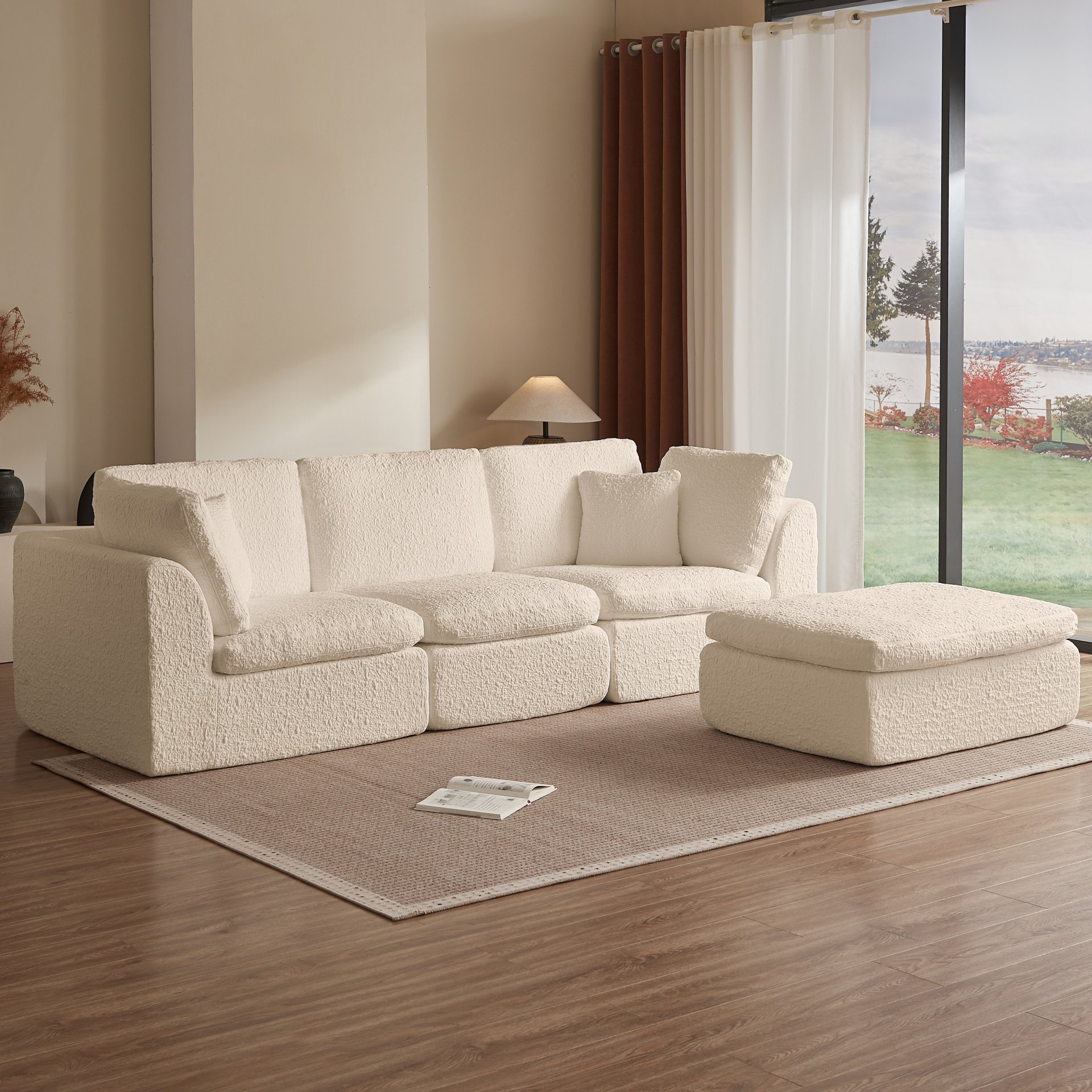 Cloud L Shape Modular Sectional Sofa With Ottoman, 3 Seater Convertible Couch - Beige - Image 5