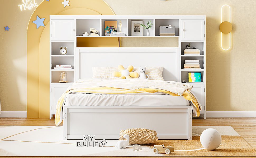 Queen Size Bed With All In One Cabinet, Shelf And Sockets, Twin Long Trundle - White - Image 15