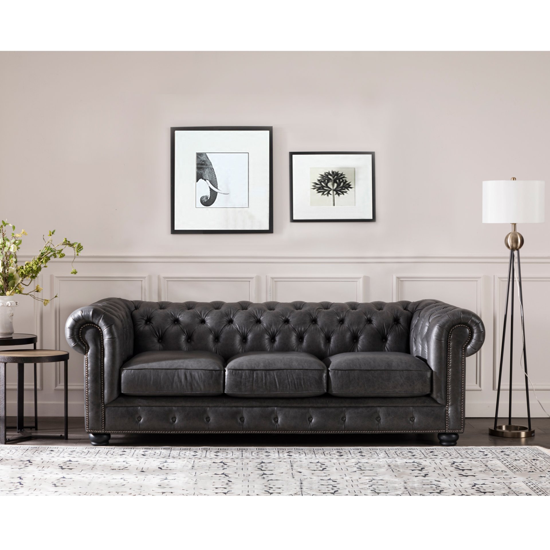 Traditional Tufted Leather Chesterfield Nailhead Sofa - Gray - Image 2