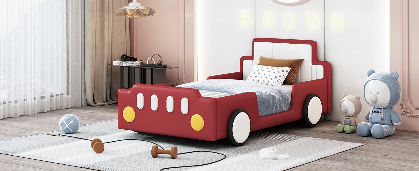 Twin Size Race Car Shaped Platform Bed & Wheels - Red - Image 12