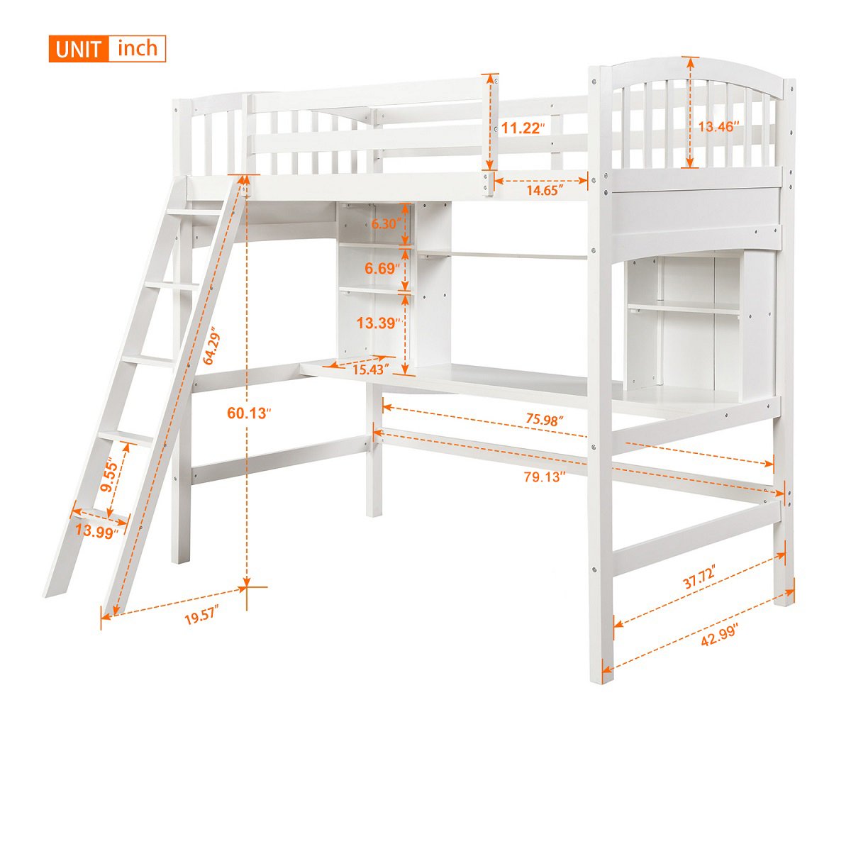 Twin Size Loft Bed With Storage Shelves, Desk And Ladder - White - Image 9