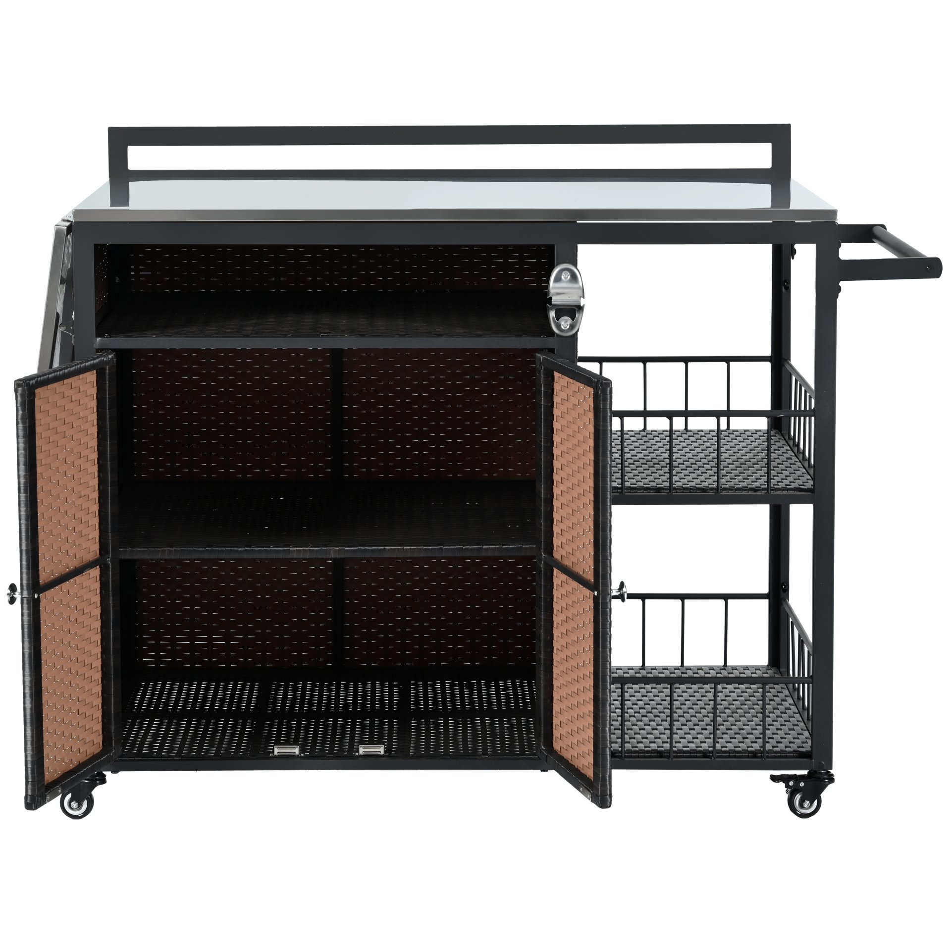 Outdoor Kitchen Island With Storage, Cooking Station, Grill Cart, Foldable Tabletop, And Bottle Opener - Dark Brown - Image 11