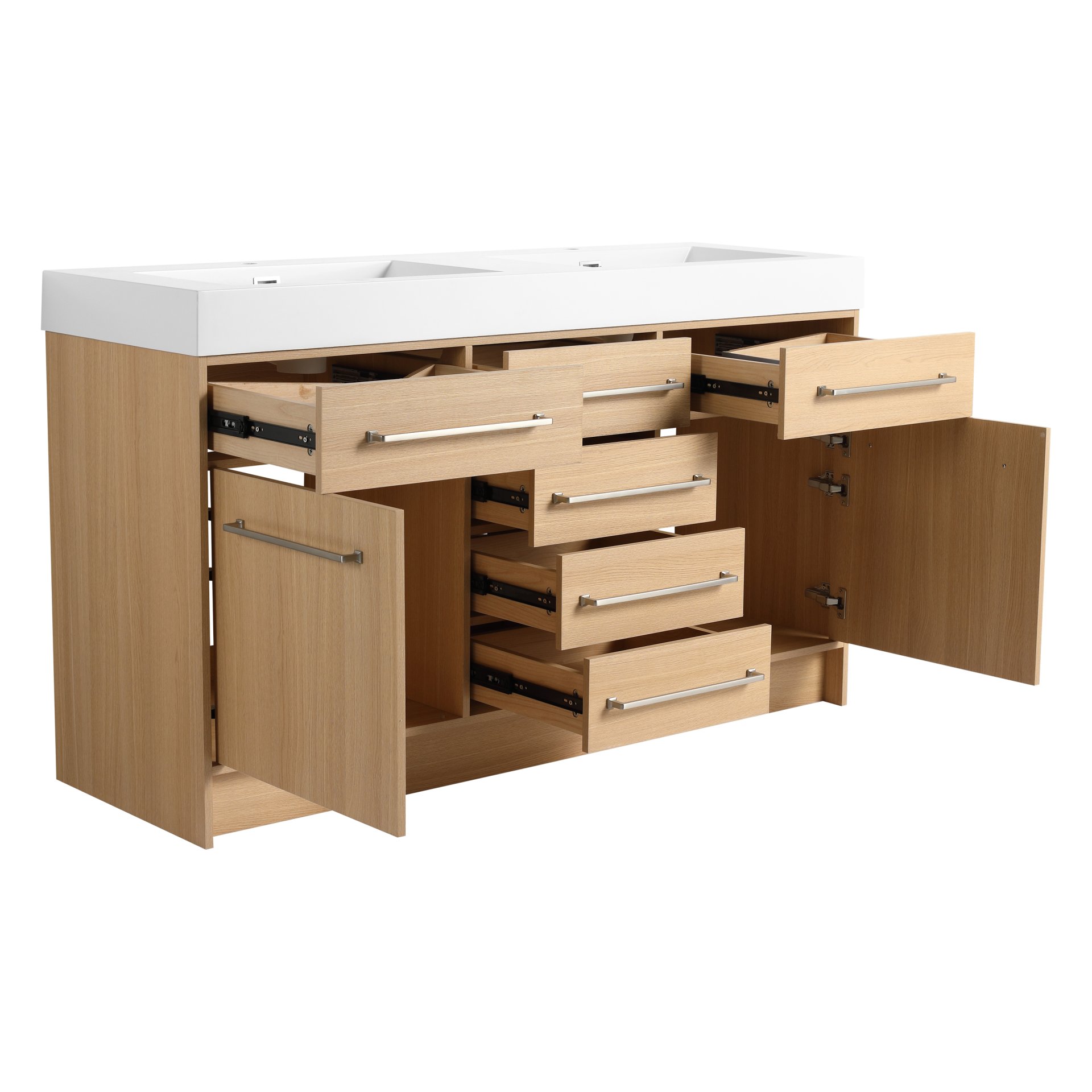 Original 60" Freestanding Bathroom Vanity With Double Resin Sink Soft Closing Doors & Drawers Plywood - Oak - Image 12