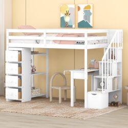 Twin Size Loft Bed With Storage Drawers, Desk And Stairs With Shelves - White