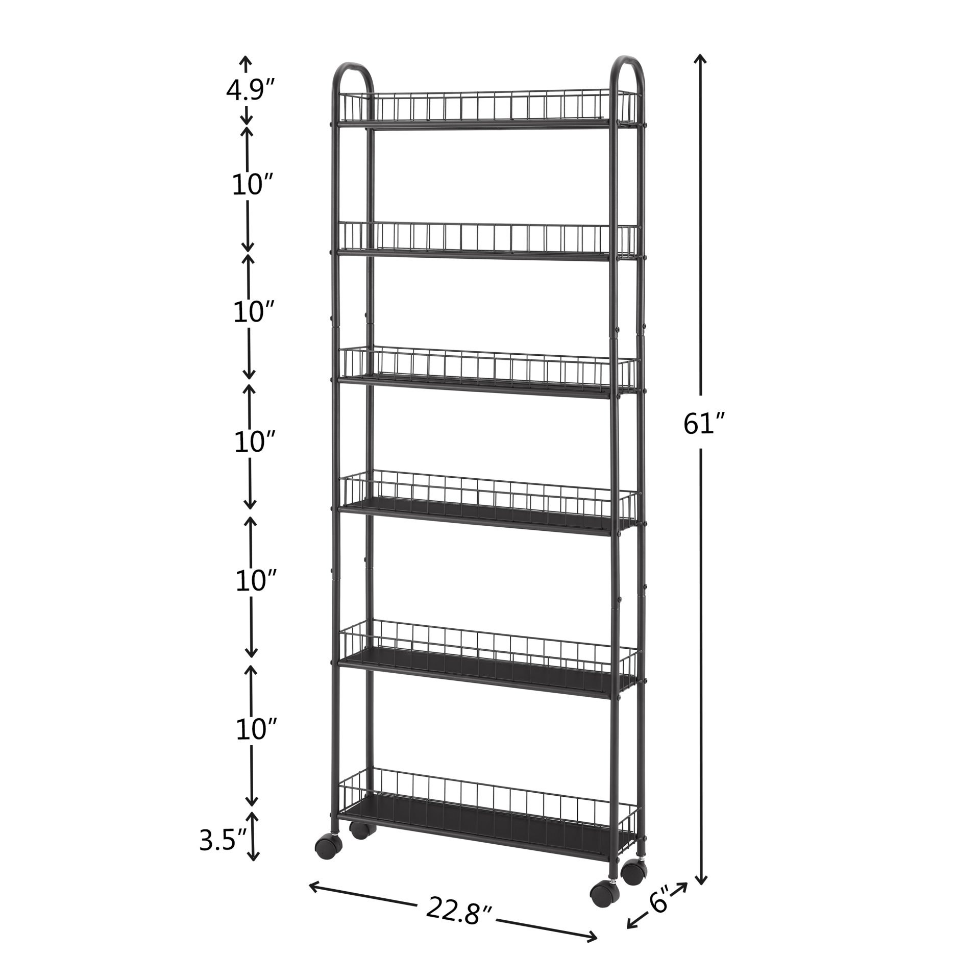 6 Tier Rolling Cart Gap Kitchen Slim Slide Out Storage Tower Rack With Wheels, 6 Baskets, Kitchen, Bathroom Laundry Narrow Piaces Utility Cart - Black - Image 3