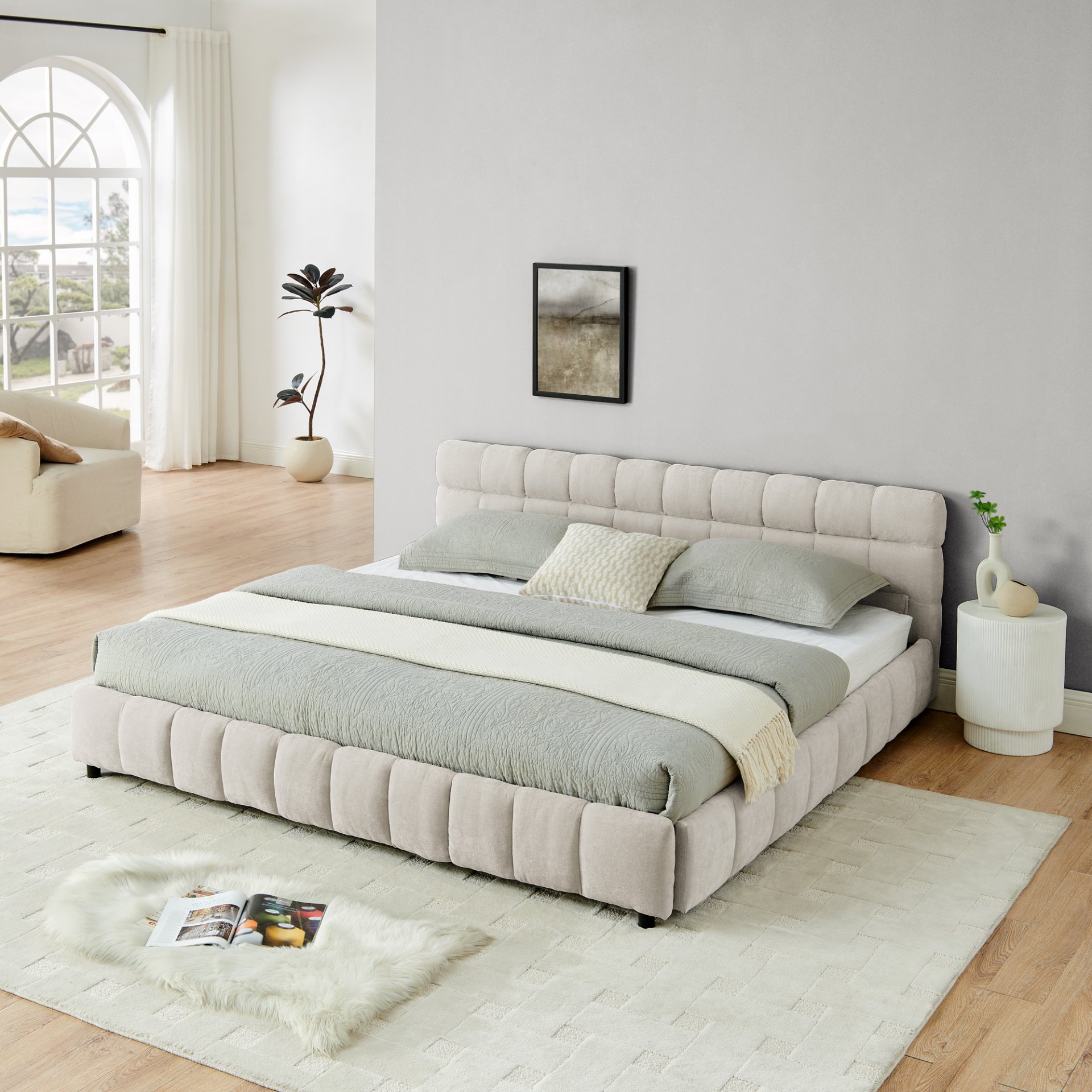 Modern King Size Upholstered Bed With Storage Drawer Solid Frame - Beige - Image 4