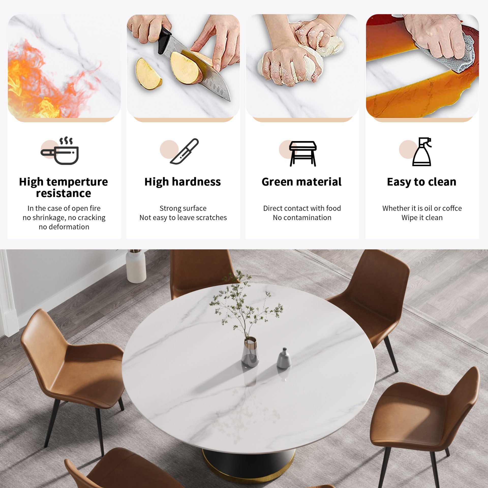 59.05" Modern Artificial Stone Round Carbon Steel Base Dining Table, Can Accommodate 6 People - White / Black - Image 6
