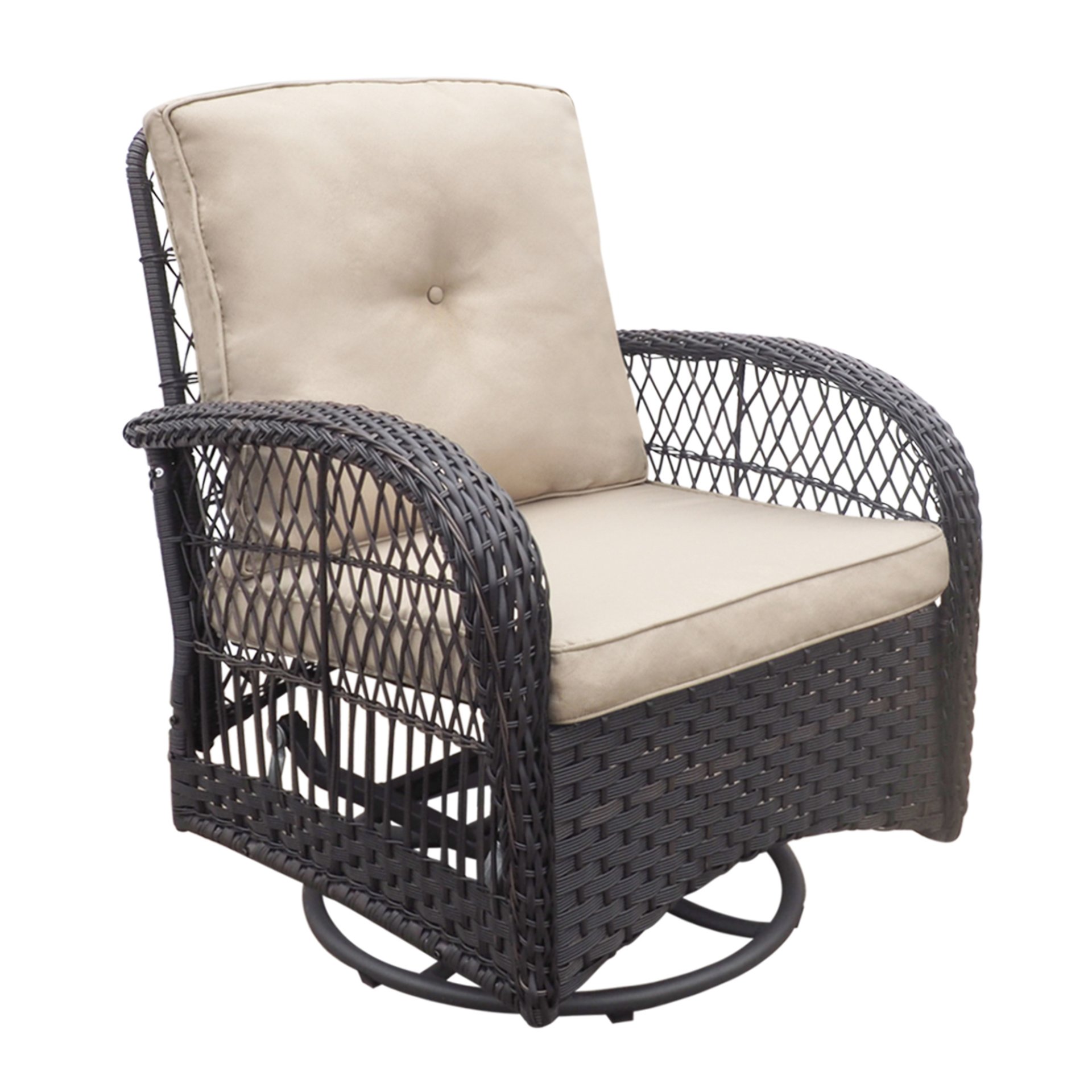 3 Piece Conversation Set, Outdoor Wicker Rocker Swivel Patio Bistro Set, Rocking Chair With Glass Top Side Table - Khaki / Brown - Image 8