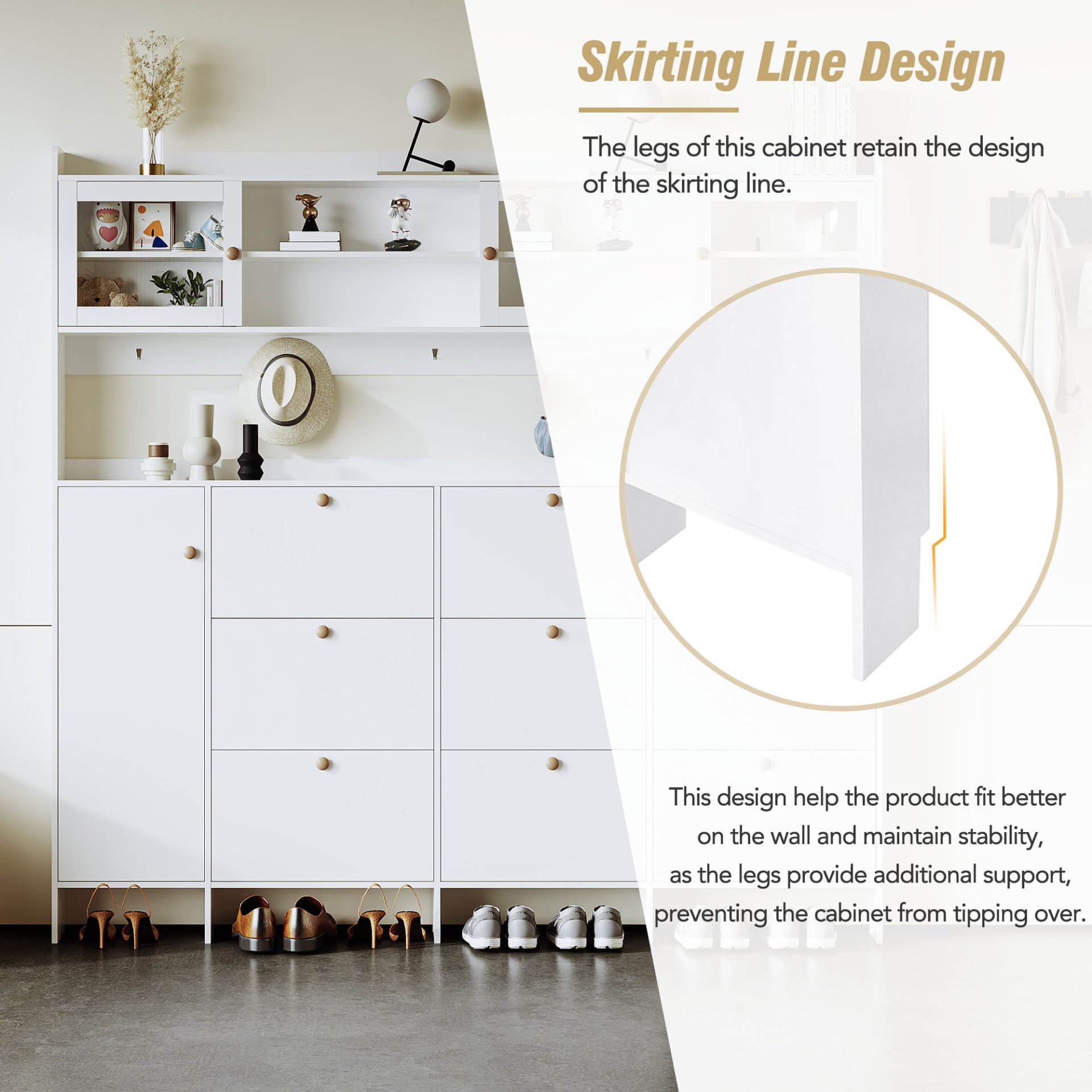 Multifunctional Tipping Bucket Shoe Cabinet With Storage Shelf & 6 Flip Drawers, Large Hall Tree With Tempered Glass Doors, Foyer Cabinet With 4 Hooks For Hallway - White - Image 7