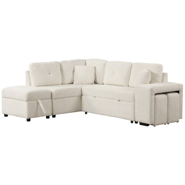 Convertible Sleeper, Sectional Pull Out Sofa Bed With Storage Ottoman, 2 Throw Pillows, 2 Stools, Wireless Charger And Two Hidden USB Ports For Living Room - Cream