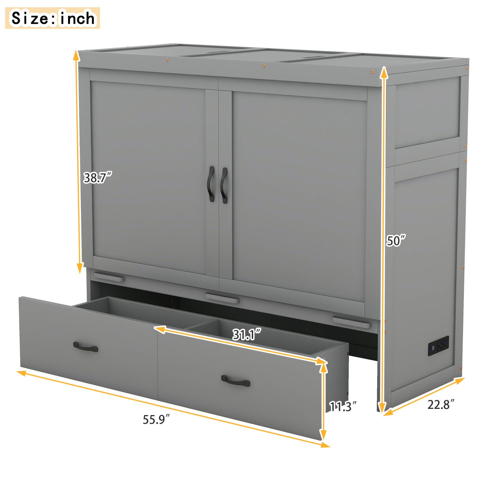 Full Size Murphy Bed With USB Port And A Large Drawer - Gray - Image 12