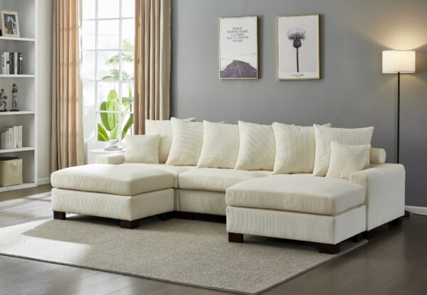 Modular Sectional Sofa, 5 Seater Oversized Convertible L & U Shaped Couch, Corduroy Fabric - Beige