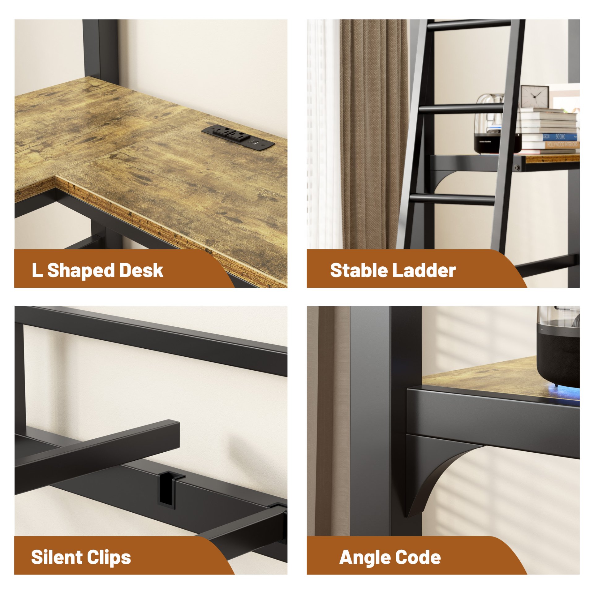 Twin Metal Loft Bed With L - Shaped Desk, Charging Station Loft Bed Frame Twin Size, Safety Guard & Ladder, No Box Spring Needed - Black - Image 4