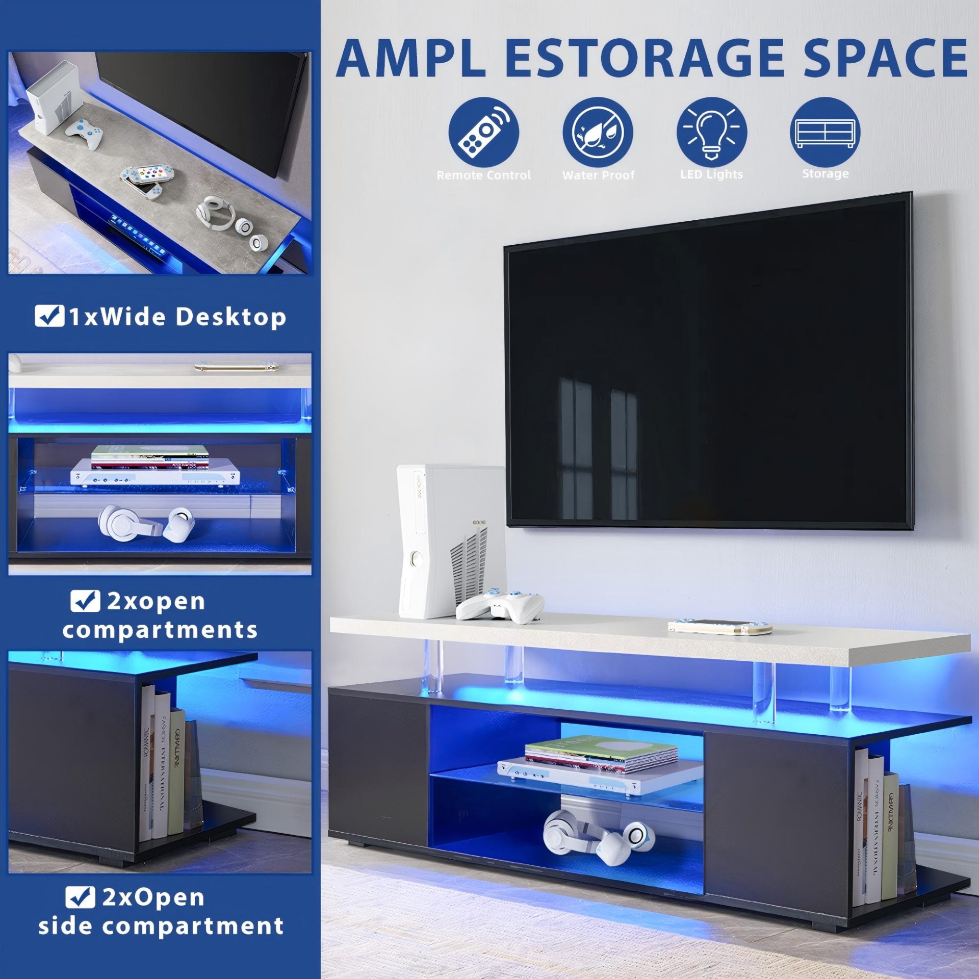 TV Stand For 60" TV LED Gaming Entertainment Center Media Storage Console Table With Large Side Cabinet For Living Room Black - Gray - Image 4