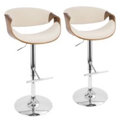 Curvo - Mid-Century Modern Adjustable Barstool With Swivel (Set of 2) - Chrome / Walnut / Cream