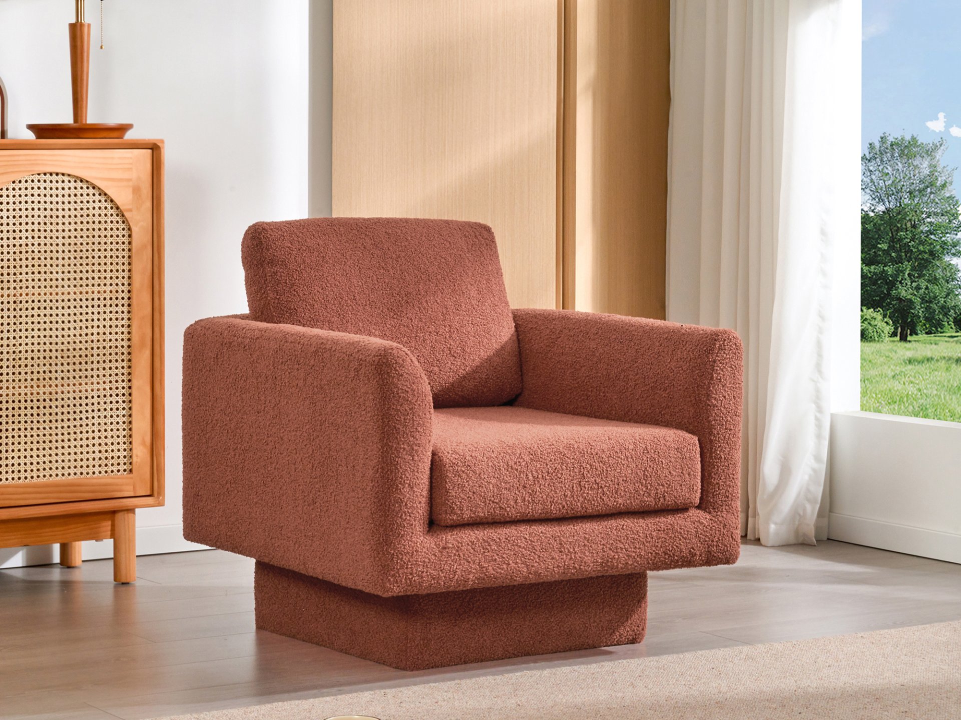 360° Modern Swivel Accent Chair Round Armchair, Thick Padded Single Lounge Sofa Upholstered Comfy - Brick Red - Image 19
