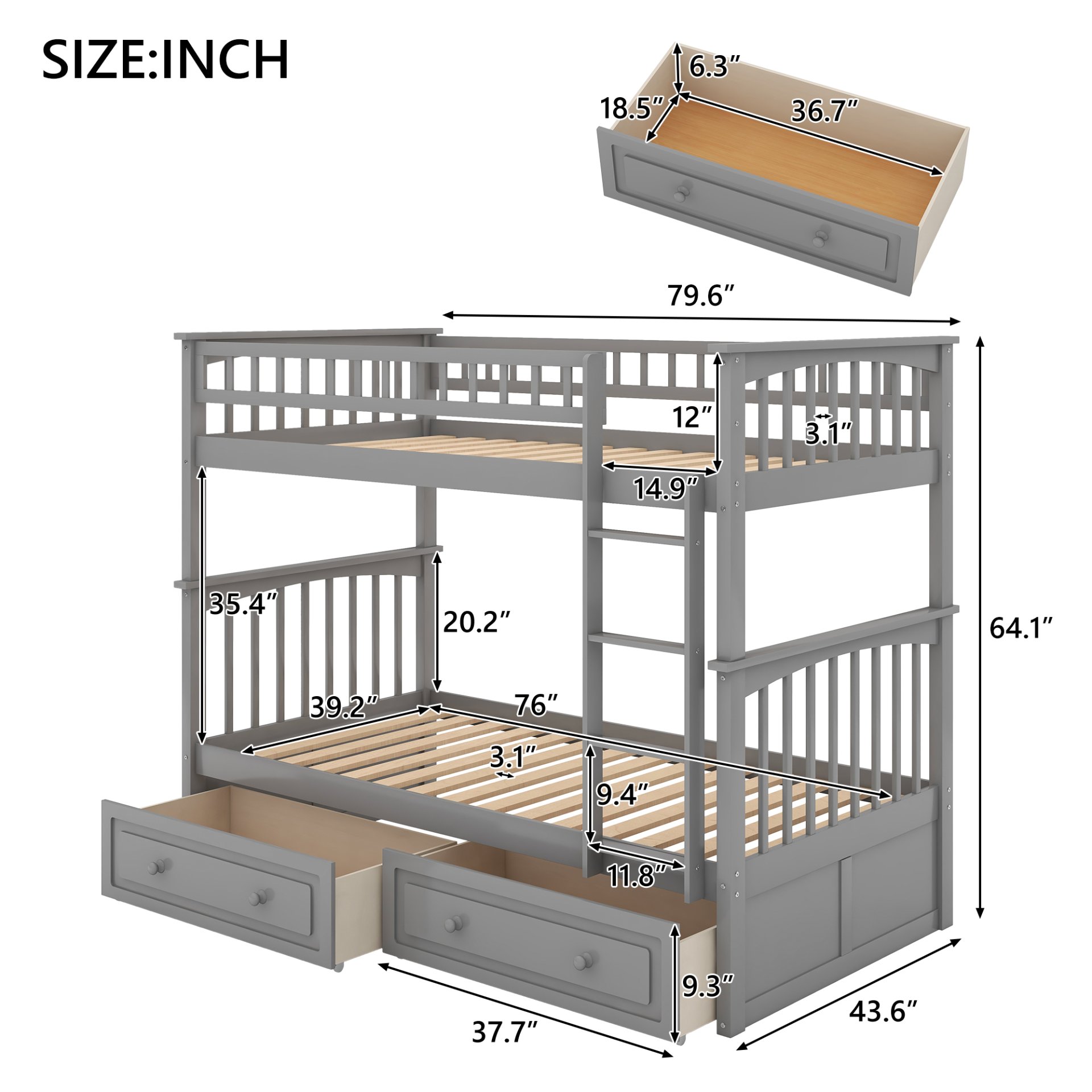 Twin Over Twin Bunk Bed With Drawers, Convertible Beds - Gray - Image 3