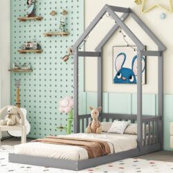 Twin House-Shaped Roof Headboard Floor Bed, (Without Slats) - Gray