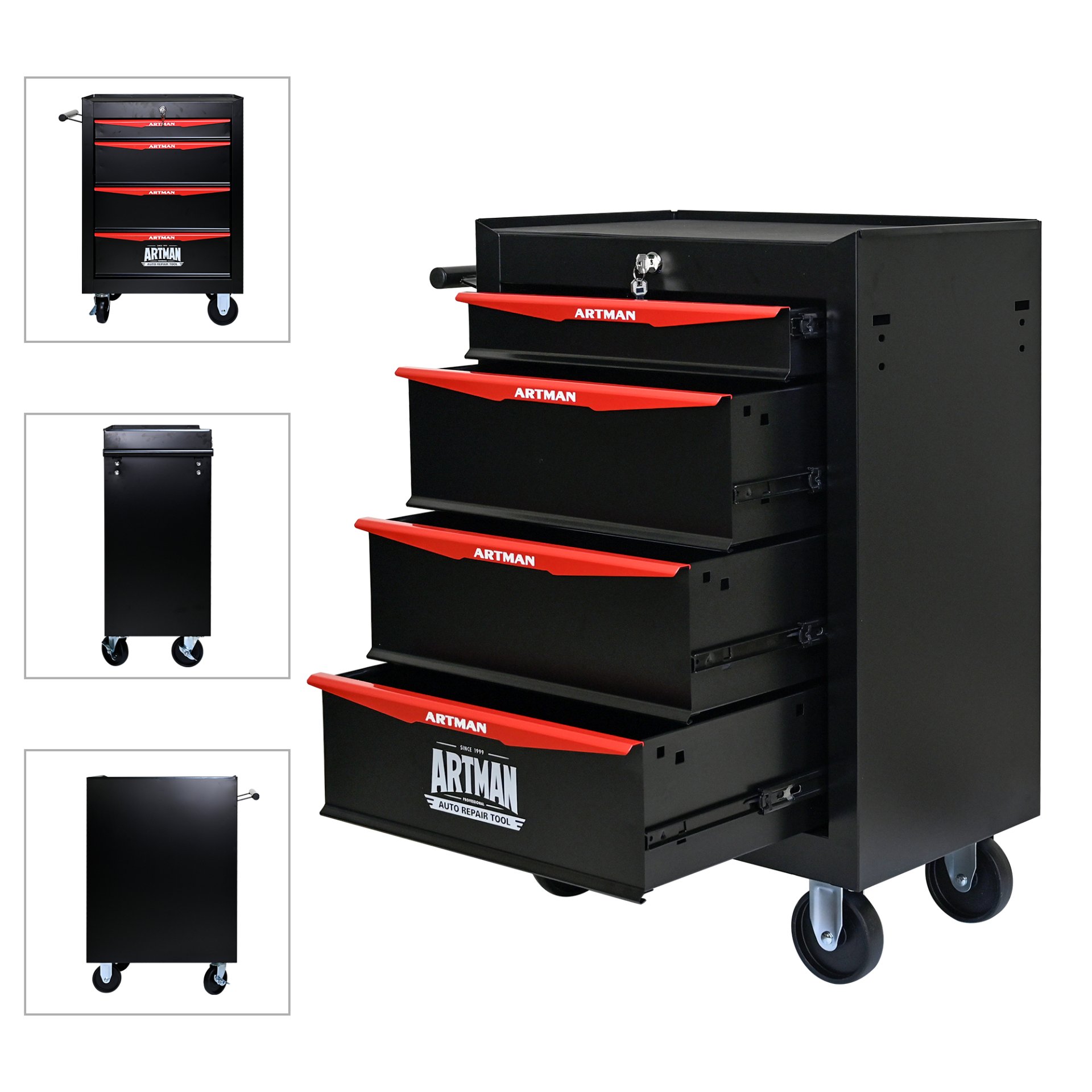 Rolling Metal Tool Chest With 4 Drawers, 20" Steel Storage Cabinet With Ball Bearing Slides - Black / Red - Image 8