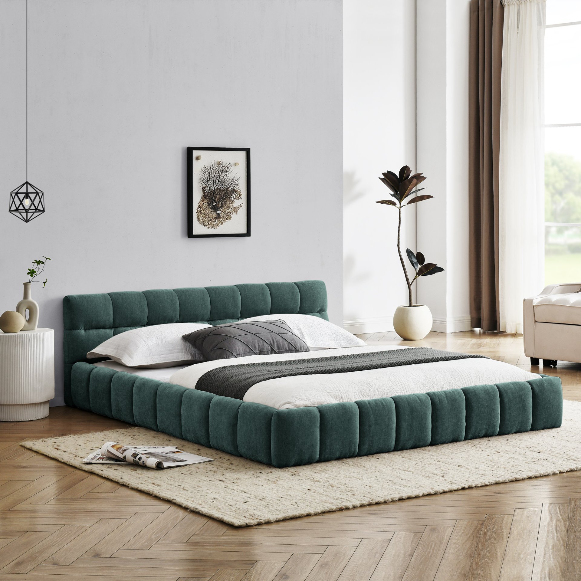 Queen Size Upholstered Bed Frame With Headboard - Blue / Green - Image 5
