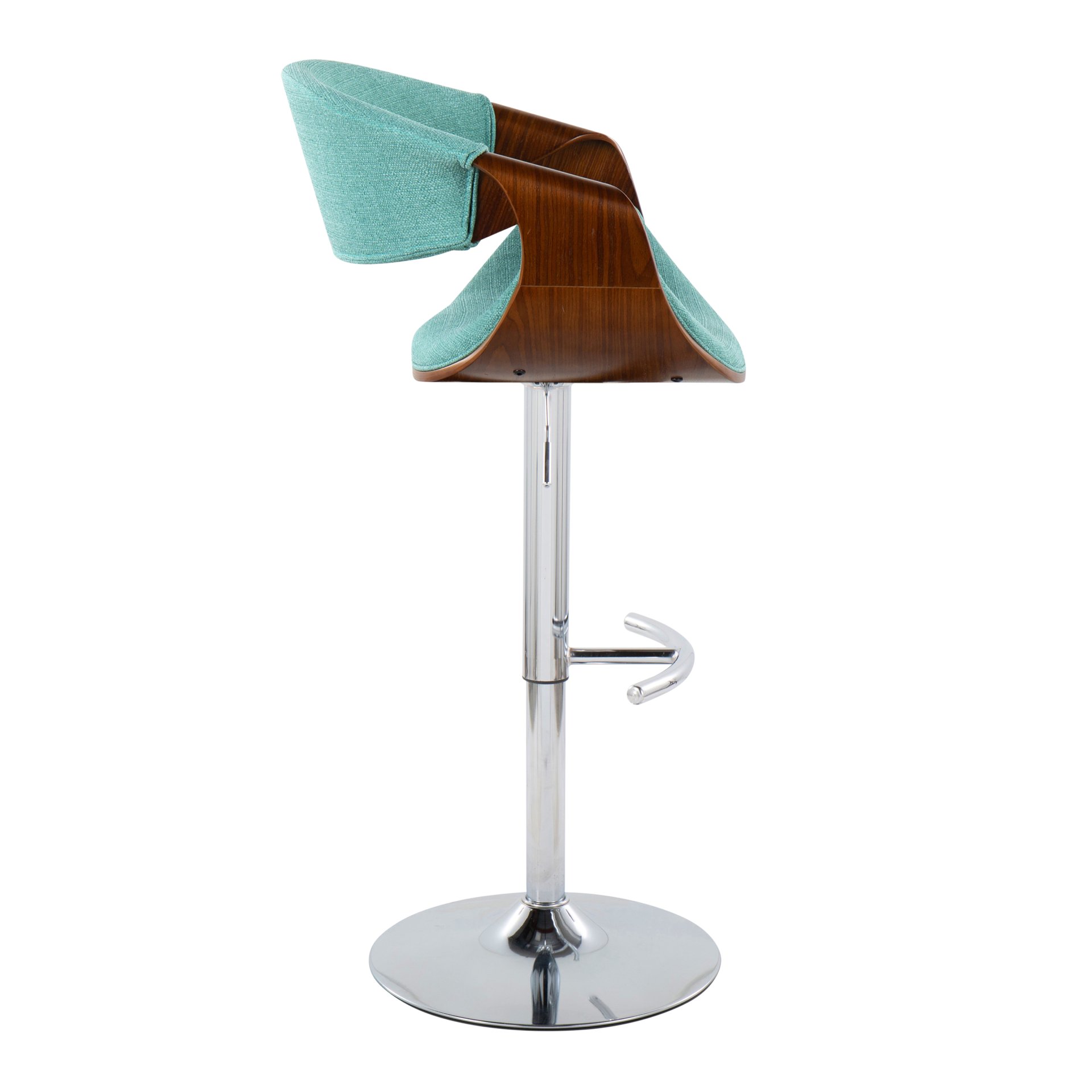 Curvo - Mid-Century Modern Adjustable Barstool With Swivel With Rounded T Footrest (Set of 2) - Chrome / Walnut / Teal - Image 3