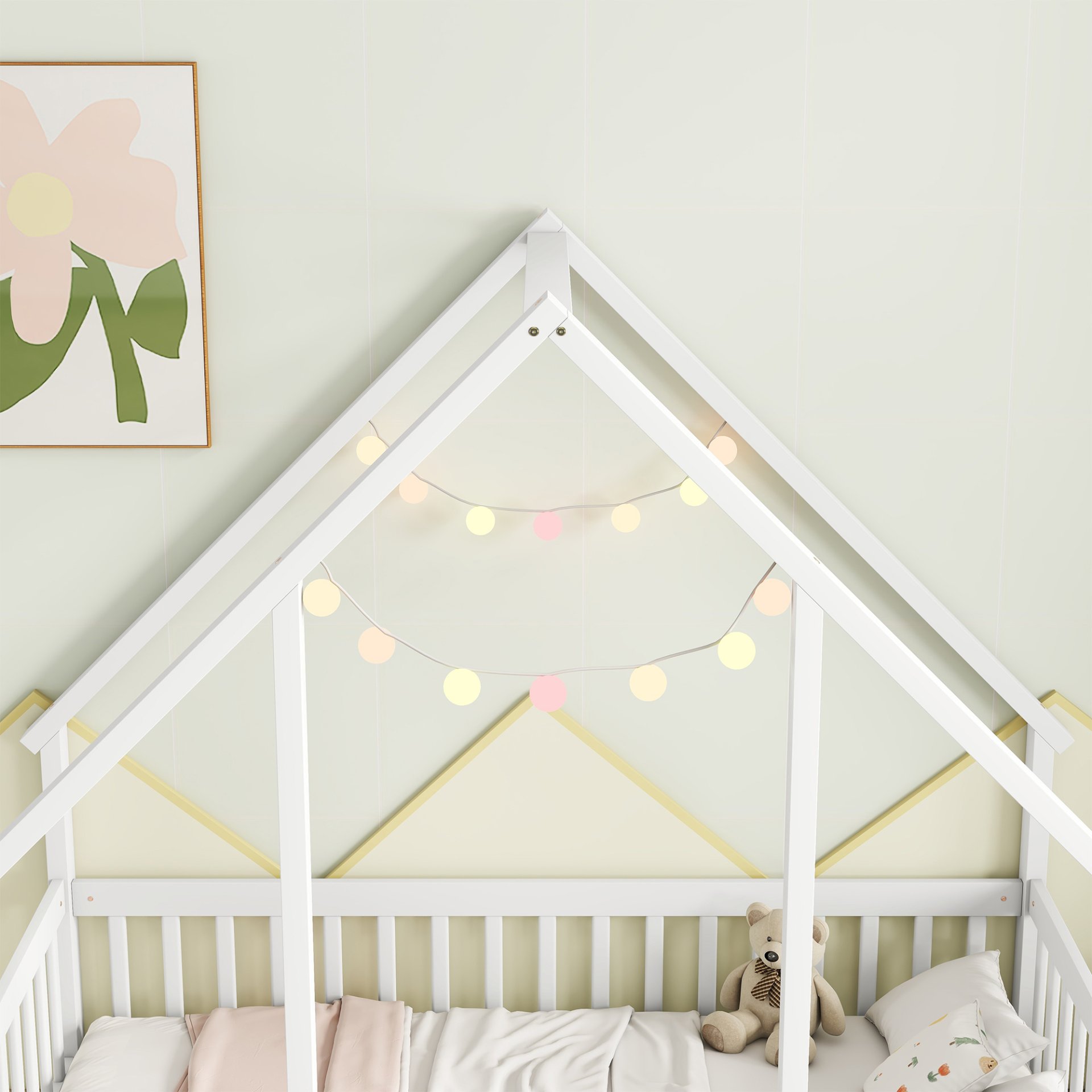 Twin Wood House-Shaped Floor Bed With Fence, Guardrails - White - Image 6